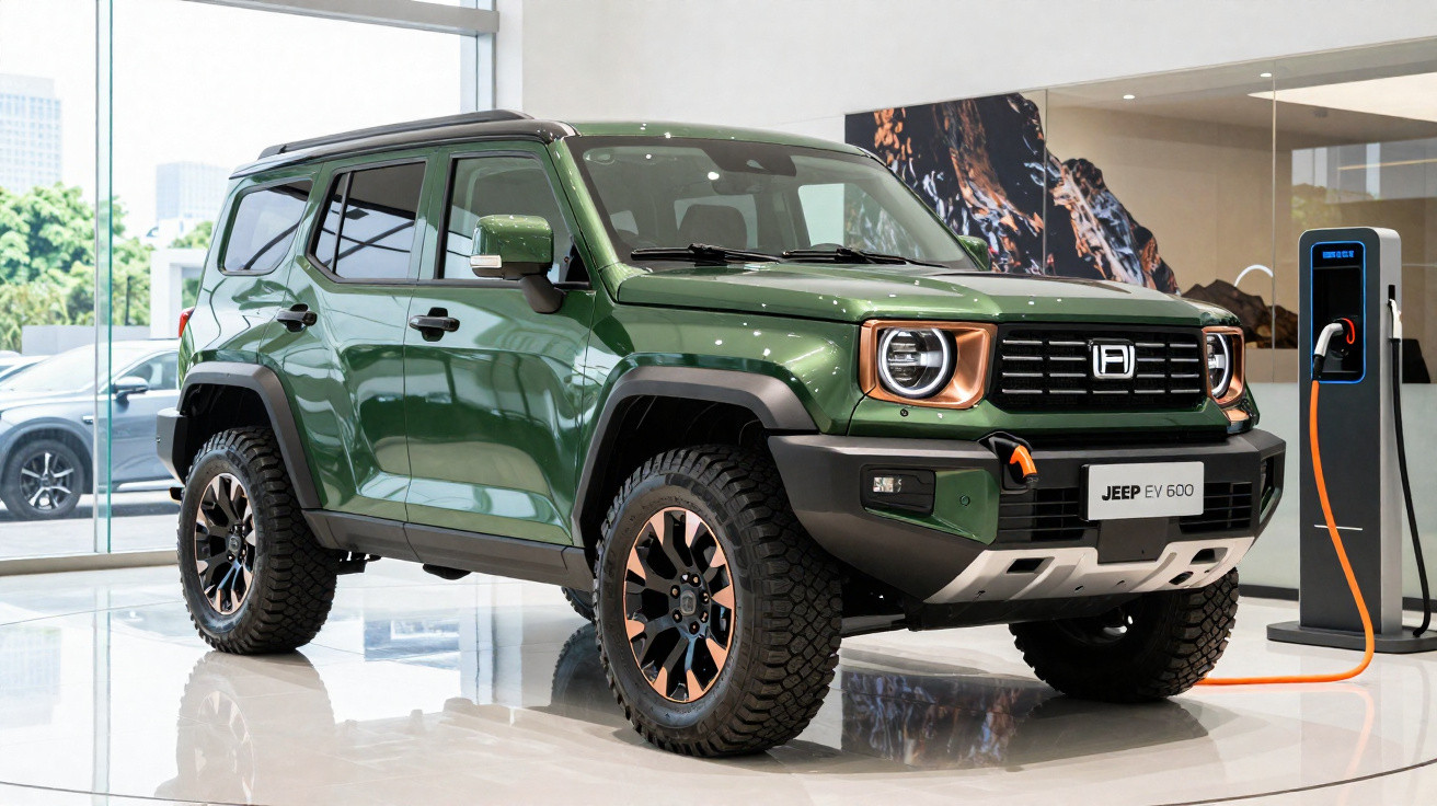 Veículo SUV elétrico verde Jeep EV 600 estacionado dentro de uma sala, a carregar numa estação de carregamento.