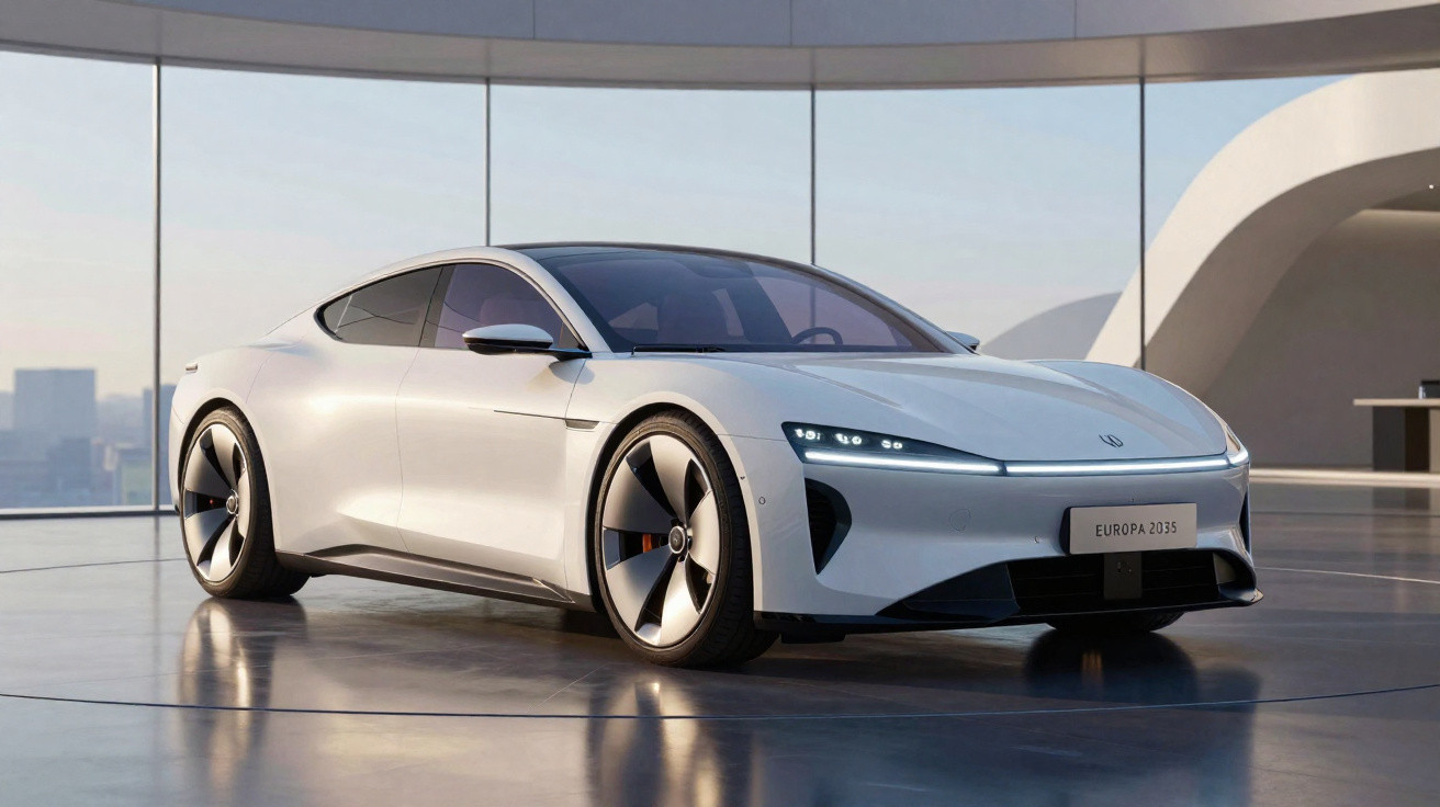 Carro elétrico desportivo branco com design futurista exposto num espaço moderno com janelas amplas.