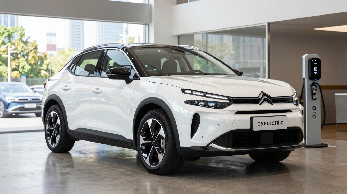 Automóvel elétrico Citroën C5 Electric branco estacionado junto a uma estação de carregamento interior.