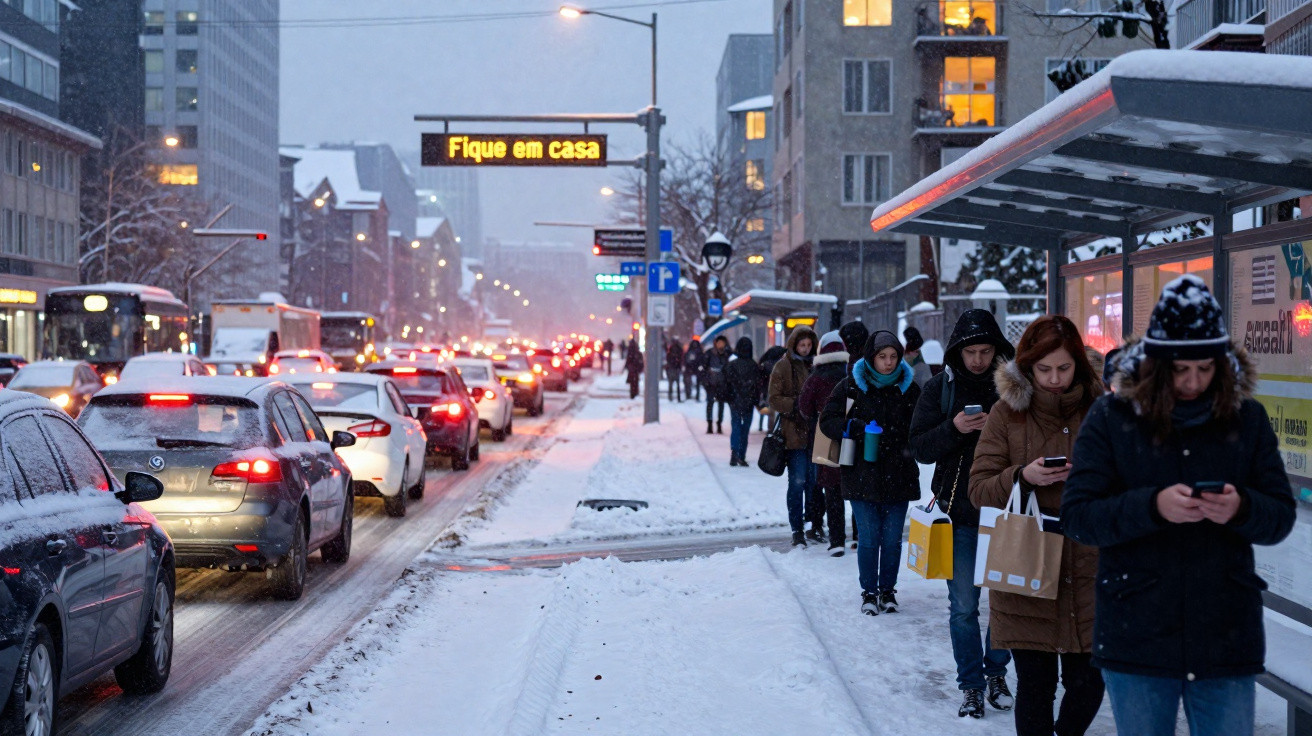 Rua coberta de neve com trânsito lento e pessoas à espera de autocarro, algumas a usar telemóveis, sinal luminoso a dizer "Fi