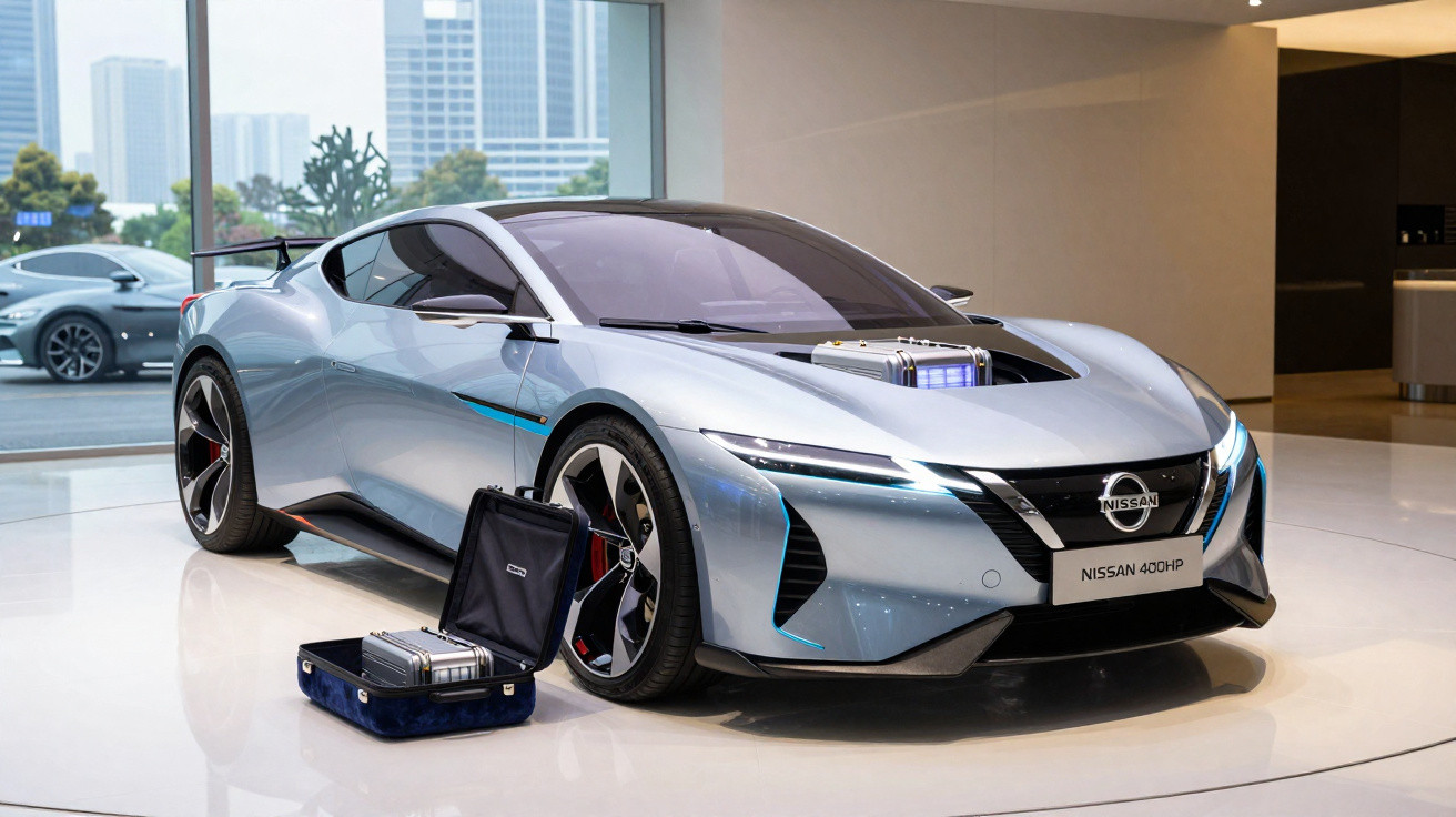 Carro desportivo elétrico Nissan 400HP prateado exposto em sala moderna com acessórios ao lado.