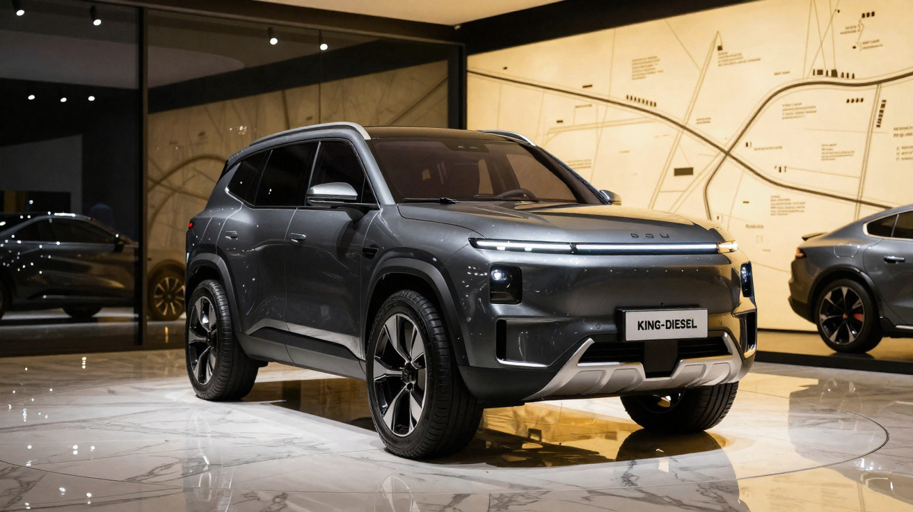 SUV cinzento escuro moderno em exposição interior com iluminação suave e carros ao fundo.