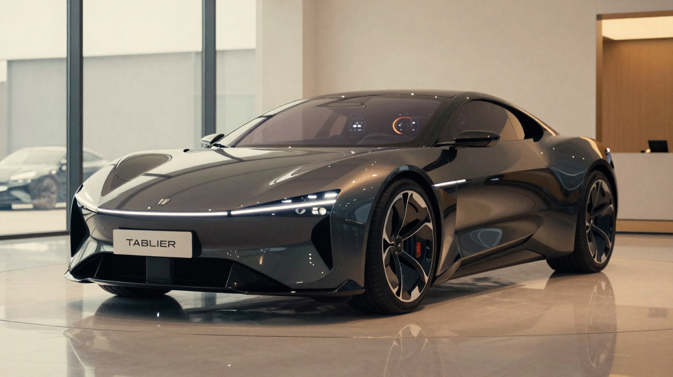 Carro desportivo cinza escuro com design futurista exibido num showroom moderno.