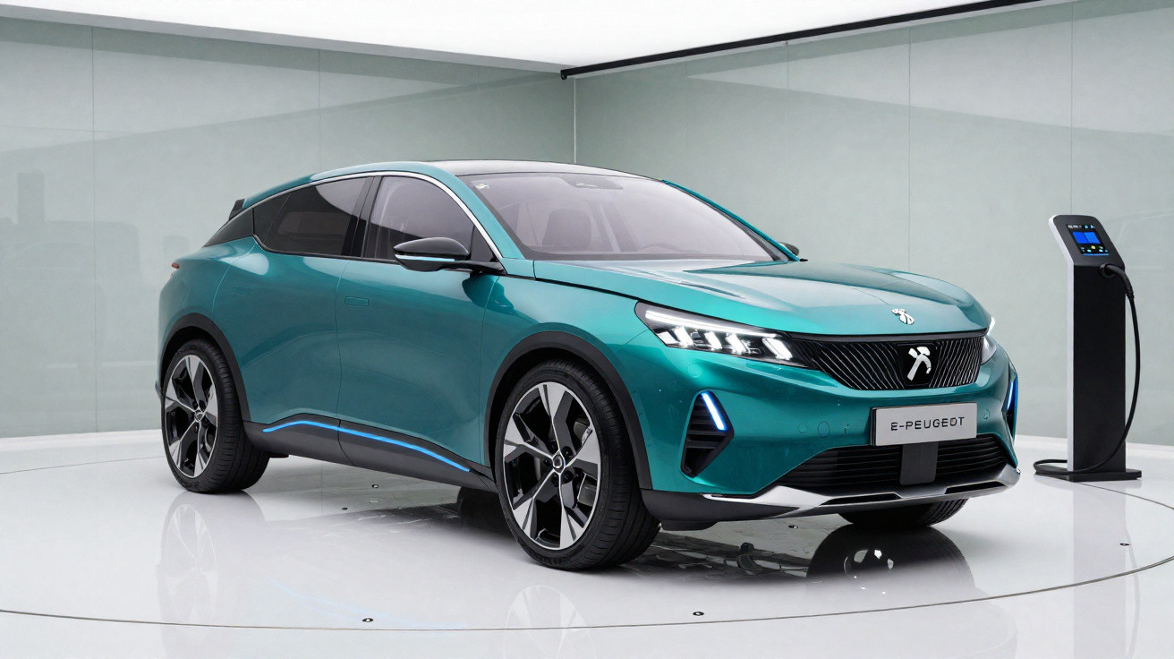 Carro elétrico verde Peugeot E-208 estacionado junto a estação de recarga num espaço interior moderno.