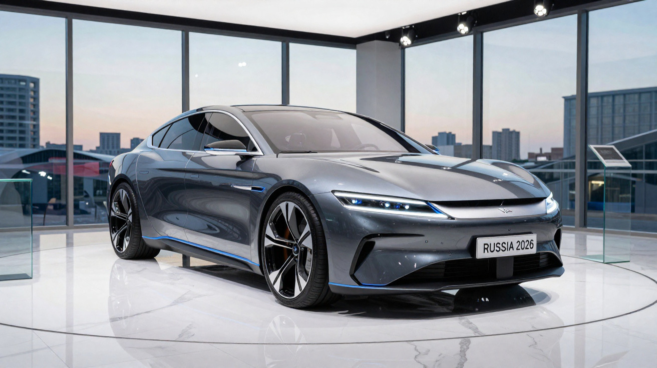 Carro elétrico cinza metálico futurista exposto numa sala com janelas grandes e vista urbana ao entardecer.