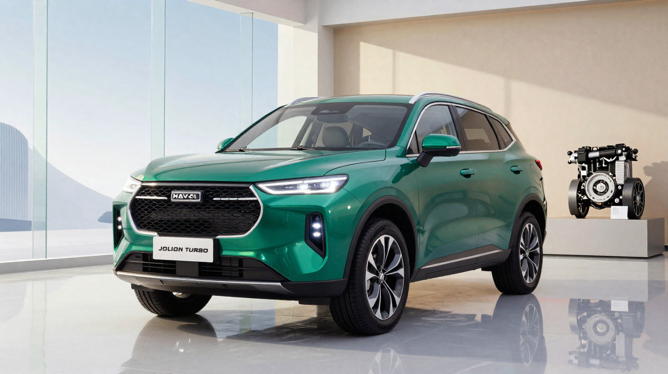 Carro SUV verde Haval Jolion Turbo estacionado em interior moderno com motor em exposição.