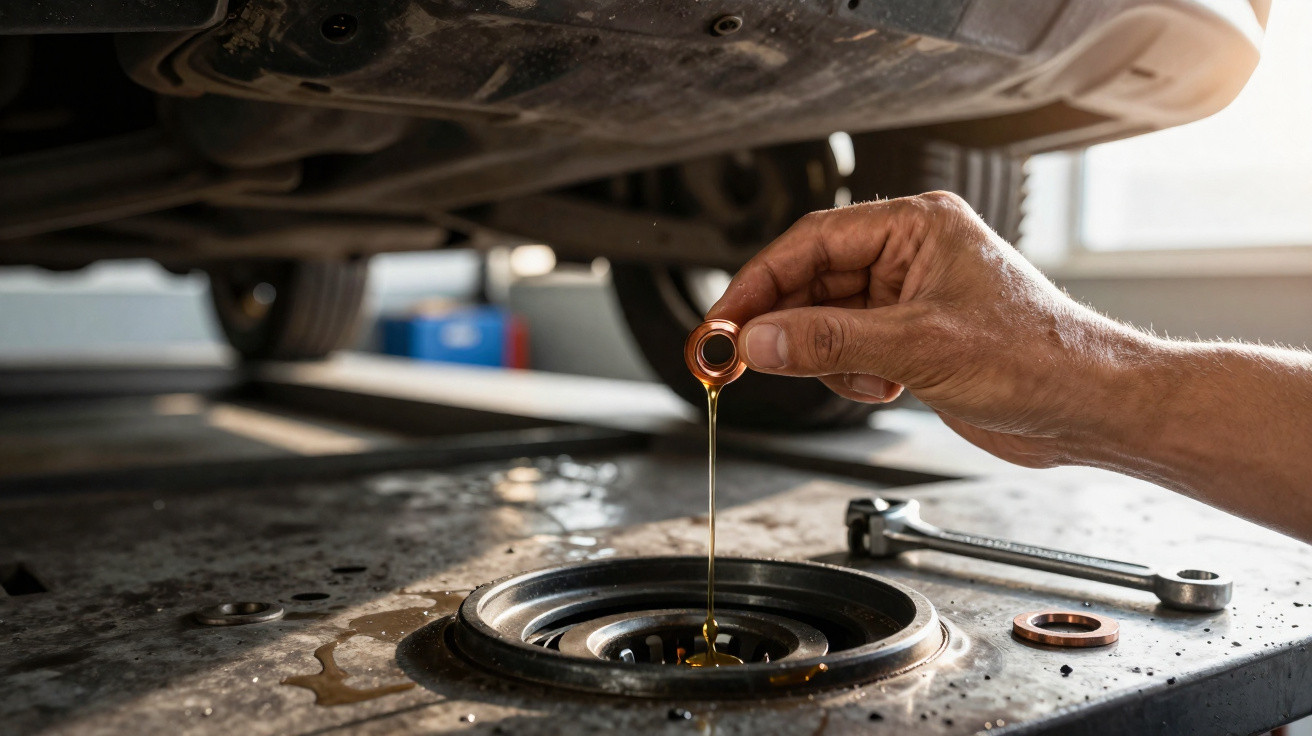 Mão a colocar junta de cobre para recolher óleo do motor numa oficina sob um carro elevado.
