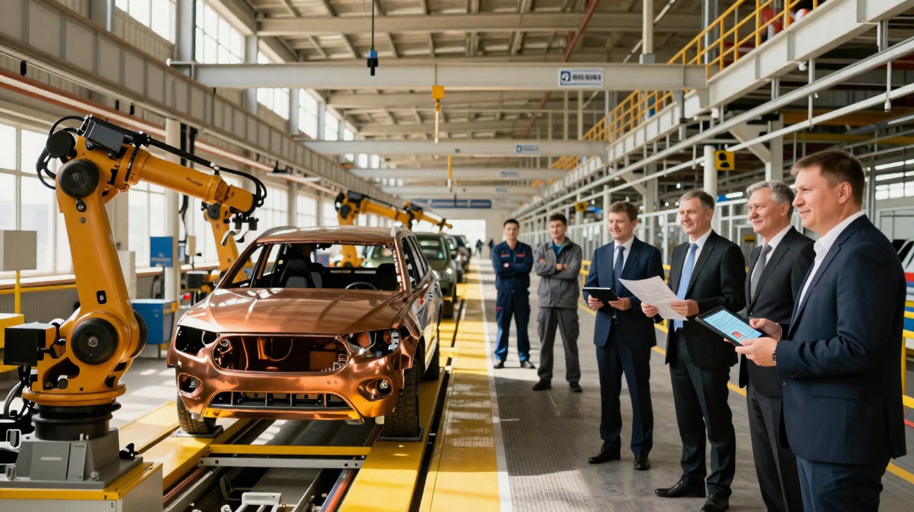 Linha de montagem automóvel com robô industrial e homens de negócios a acompanhar produção numa fábrica moderna.