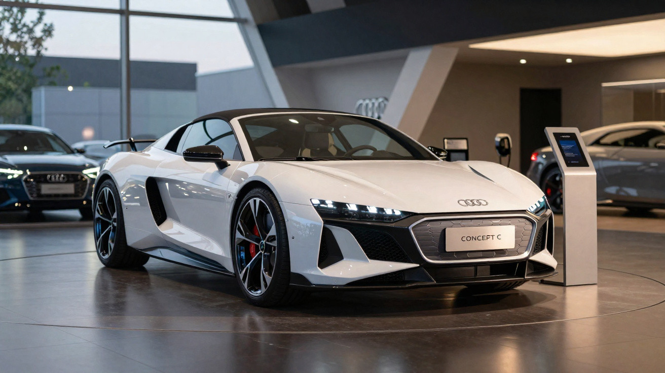 Carro desportivo Audi Concept C branco exposto em showroom moderno com iluminação ambiente suave.