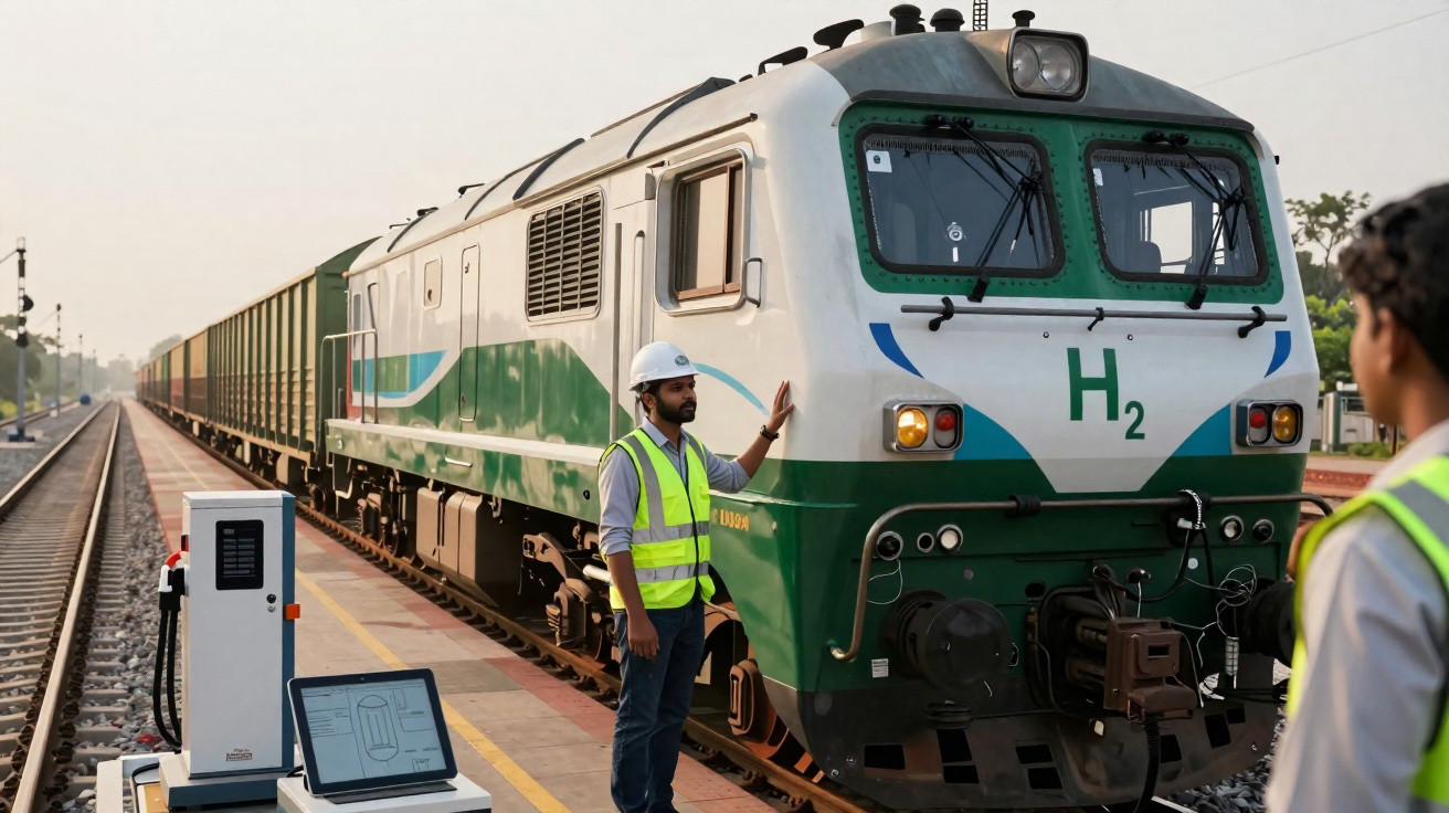 Comboio de hidrogénio verde numa estação com técnicos de segurança a inspeccionarem-no.