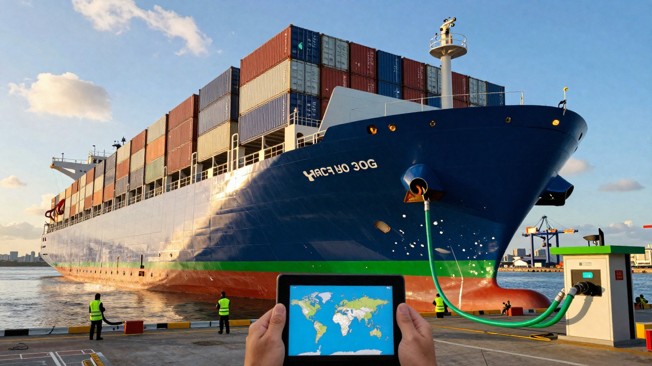 Navio porta-contentores azul atracado, abastecido com combustível verde, com tablet a mostrar mapa-múndi em primeiro plano.