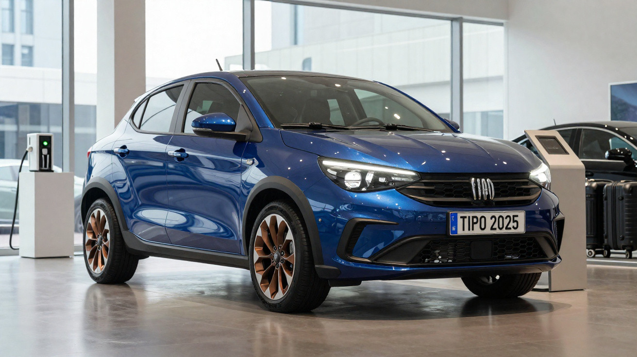 Carro azul Fiat Tipo 2025 exposto em showroom moderno com grandes janelas e luz natural.