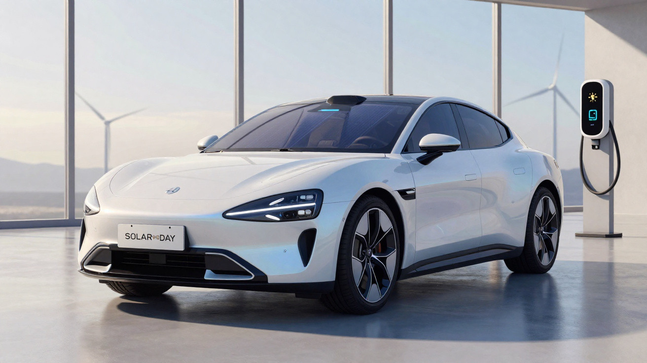 Carro elétrico branco estacionado junto a posto de carregamento interno com turbinas eólicas visíveis ao longe.