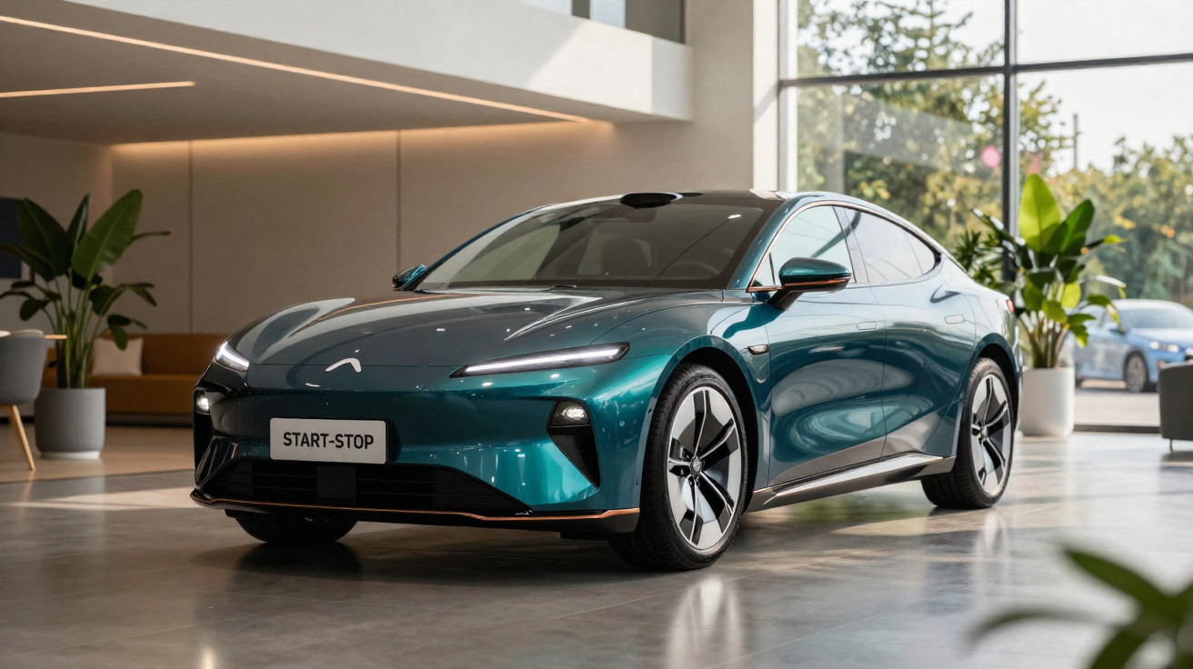Carro elétrico moderno, cor azul metálico, em exposição dentro de um espaço com grandes janelas e plantas.