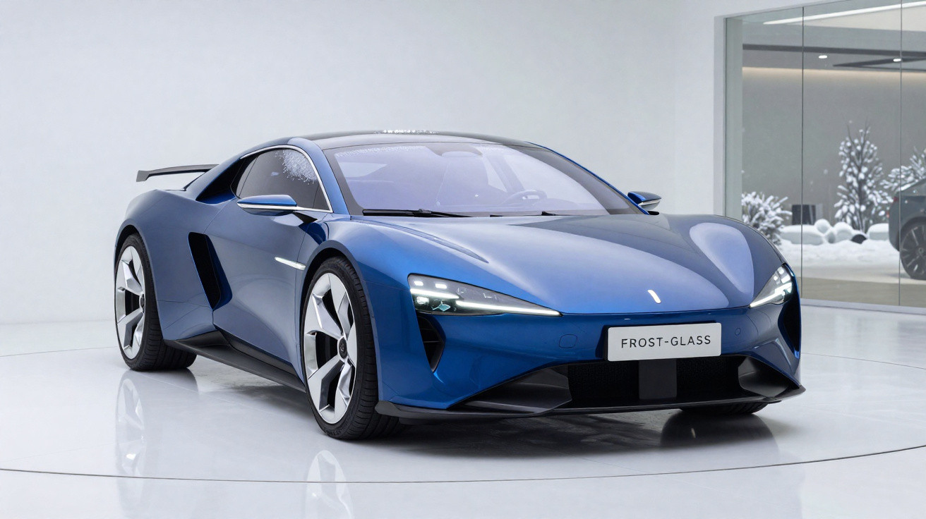 Carro desportivo azul elétrico em exposição num espaço moderno e minimalista com chão branco refletivo.
