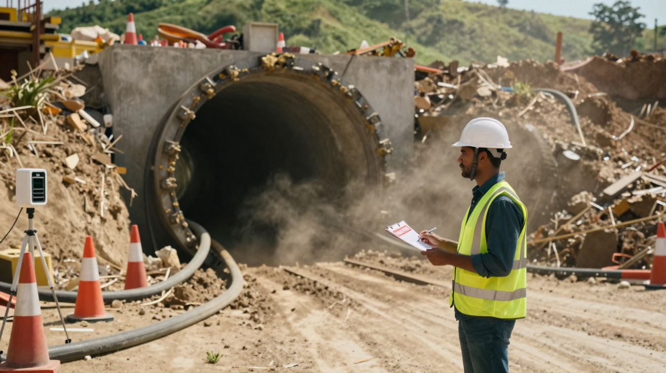 Engenheiro de obra com colete e capacete observa avanço na construção de túnel em ambiente rural.