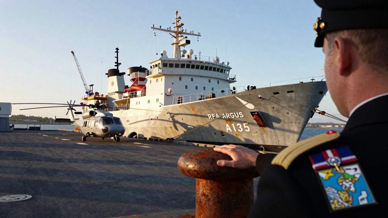 Navio de guerra Rea Argus ancorado no porto com helicóptero no convés e oficial a observar.