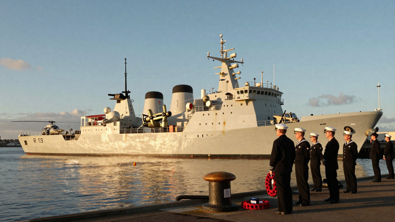 Navio militar atracado com sete marinheiros em uniforme formal na doca ao pôr do sol.