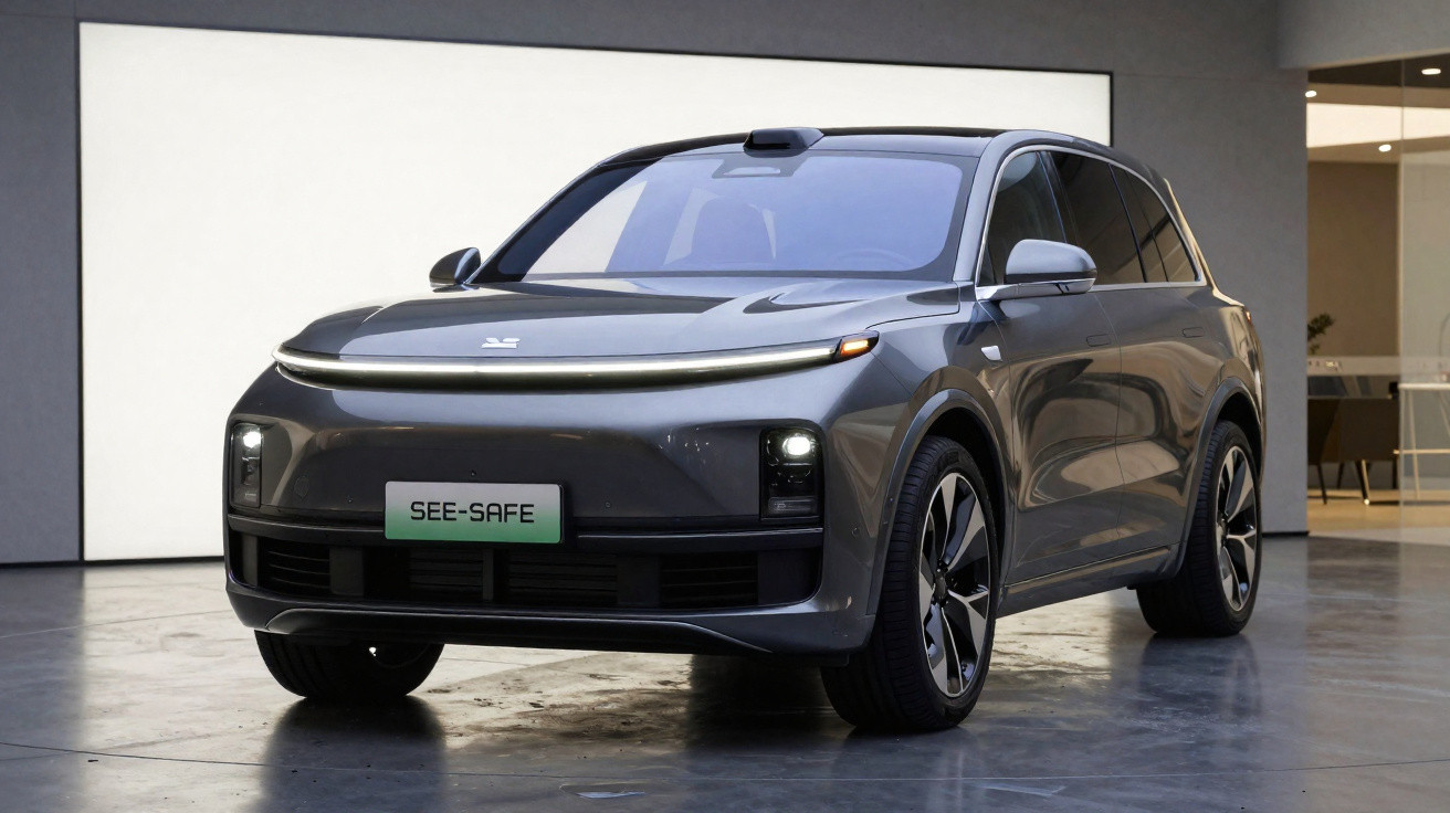 Carro elétrico cinzento estacionado em ambiente interior moderno, com luzes dianteiras acesas e placa SEE-SAFE.