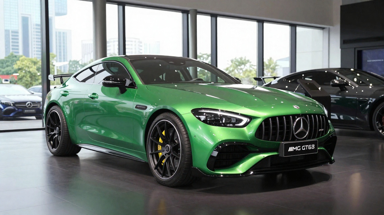 Carro desportivo Mercedes-AMG GT63 verde com jantes pretas em exposição numa sala moderna com janelas grandes.