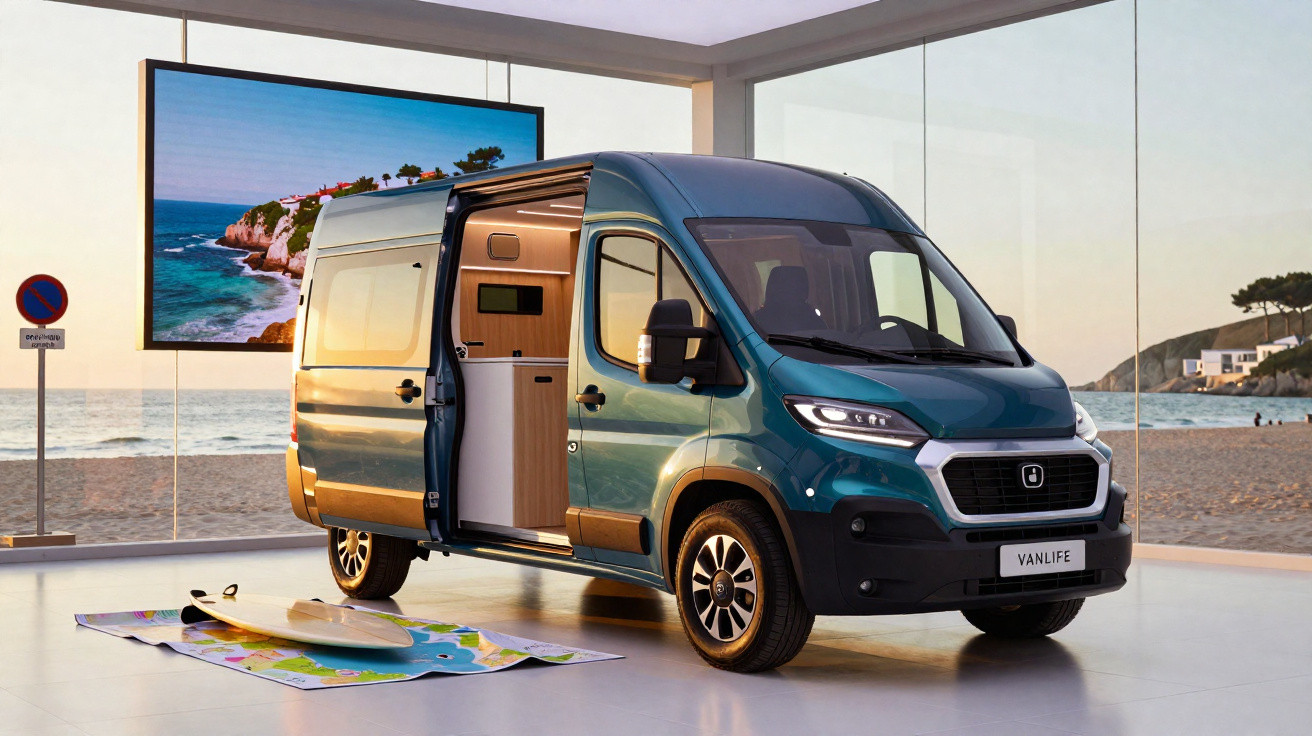 Furgoneta Vanlife azul com porta aberta em sala com vista para praia ao pôr do sol.