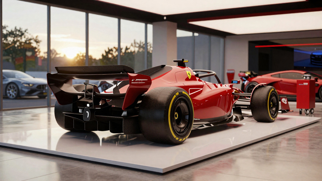 Carro de Fórmula 1 vermelho Ferrari exposto em plataforma dentro de garagem moderna com outras viaturas ao fundo.