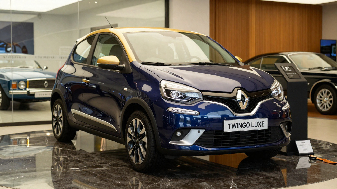 Carro Renault Twingo Luxe azul com teto amarelo exposto em showroom.