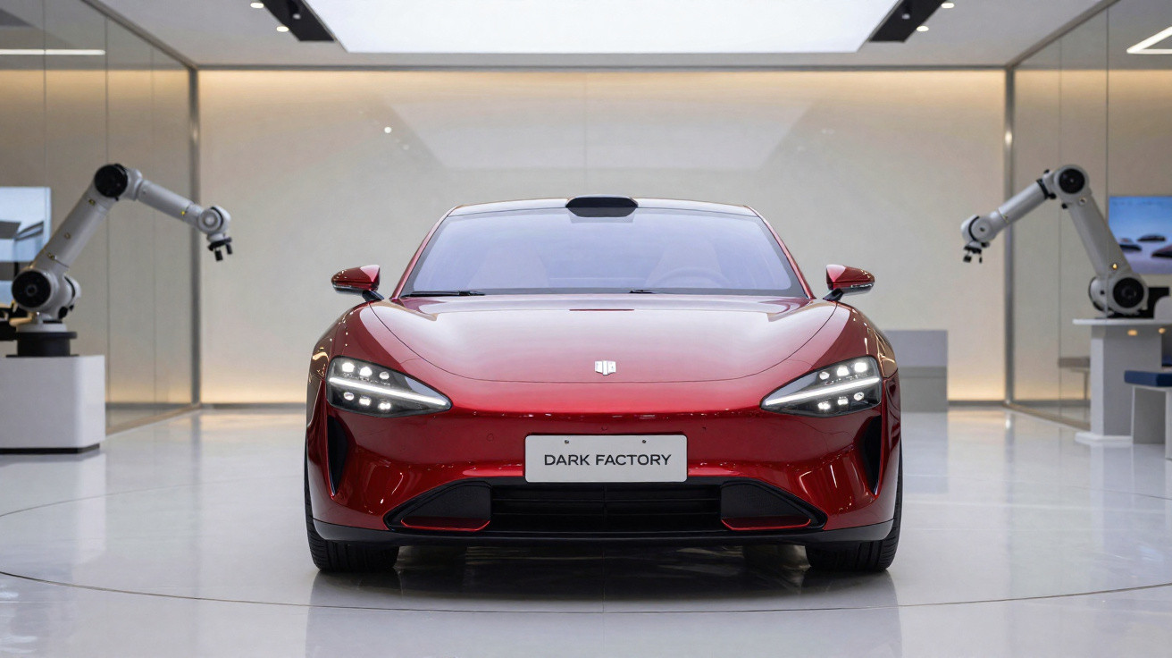 Carro elétrico vermelho desportivo numa sala moderna com robôs industriais nas laterais.