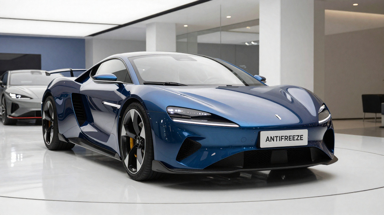 Carro desportivo azul metálico estacionado em showroom moderno com licença personalizada "ANTIFREEZE".