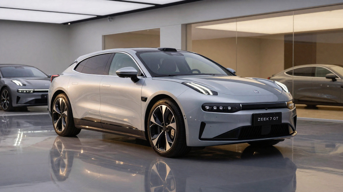 Carro elétrico prateado Zeekr 7 GT estacionado num showroom moderno com piso refletor.