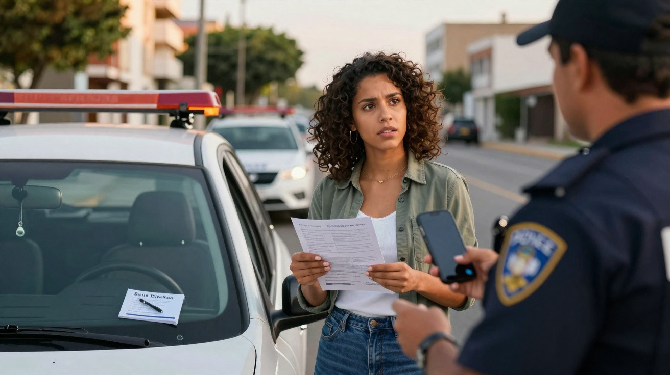 Mulher conversa com polícia junto a carro branco após suposta infração de trânsito.