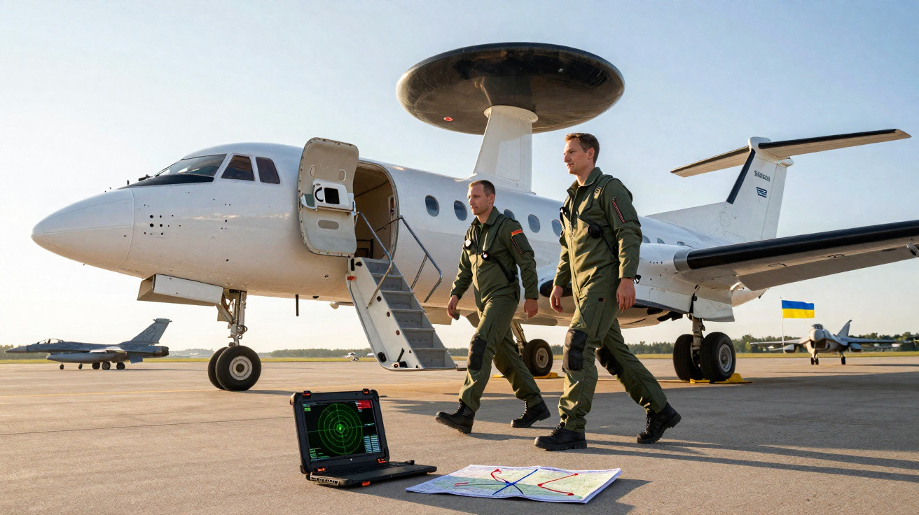 Dois pilotos militares em uniforme a caminhar junto a um avião com radar no teto numa pista de aeroporto.