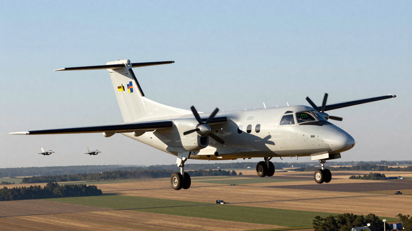 Avião militar branco a hélice em voo sobre campos agrícolas com dois helicópteros ao fundo.