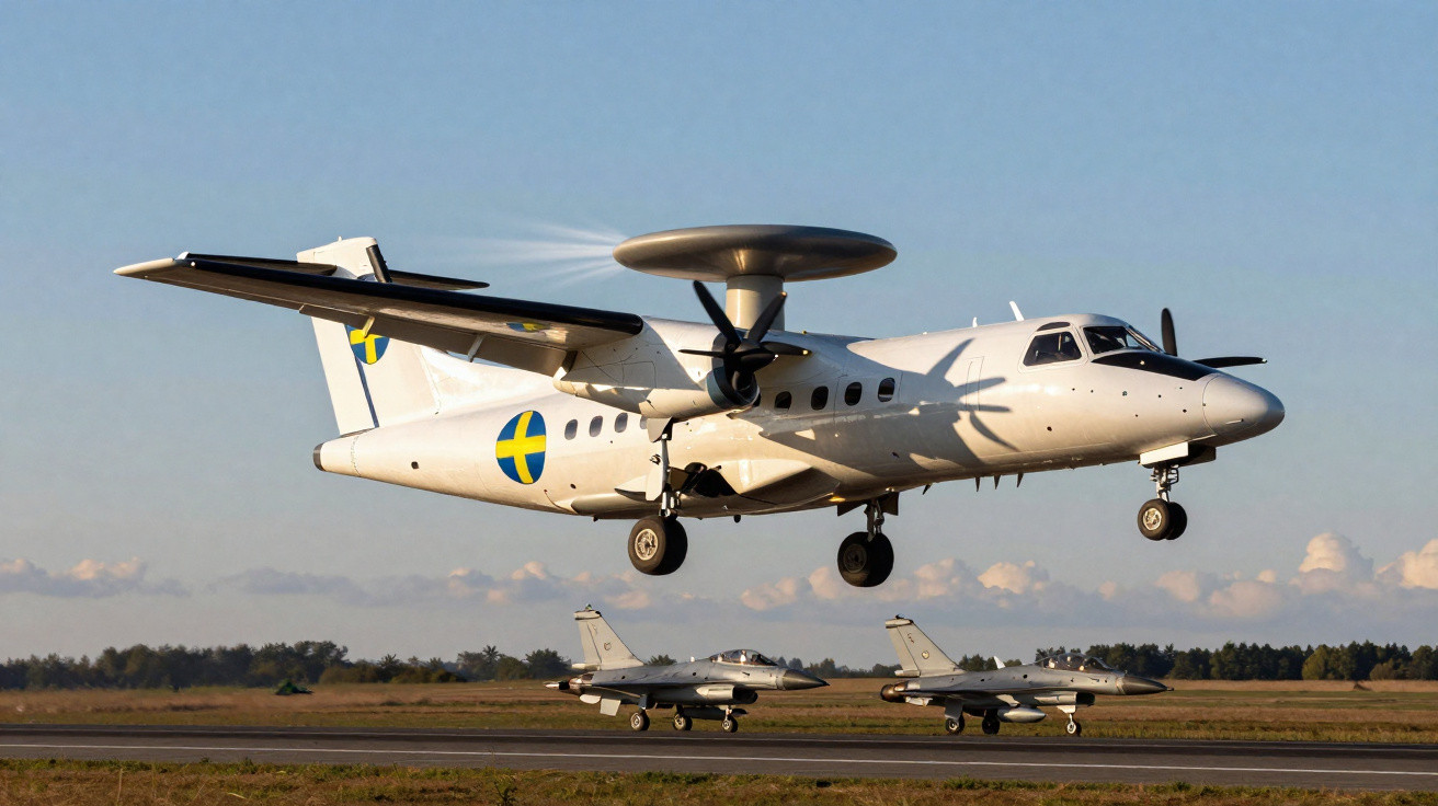 Avião militar sueco E-99 AWACS em voo baixo com dois jatos de combate ao fundo na pista.