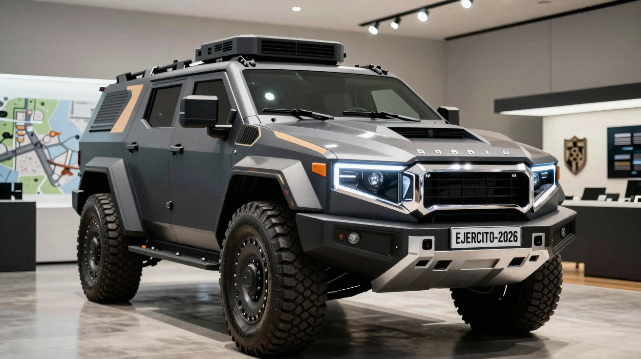 Veículo militar blindado cinzento com faróis LED e matrícula EJERCITO-2026 numa exposição interior.
