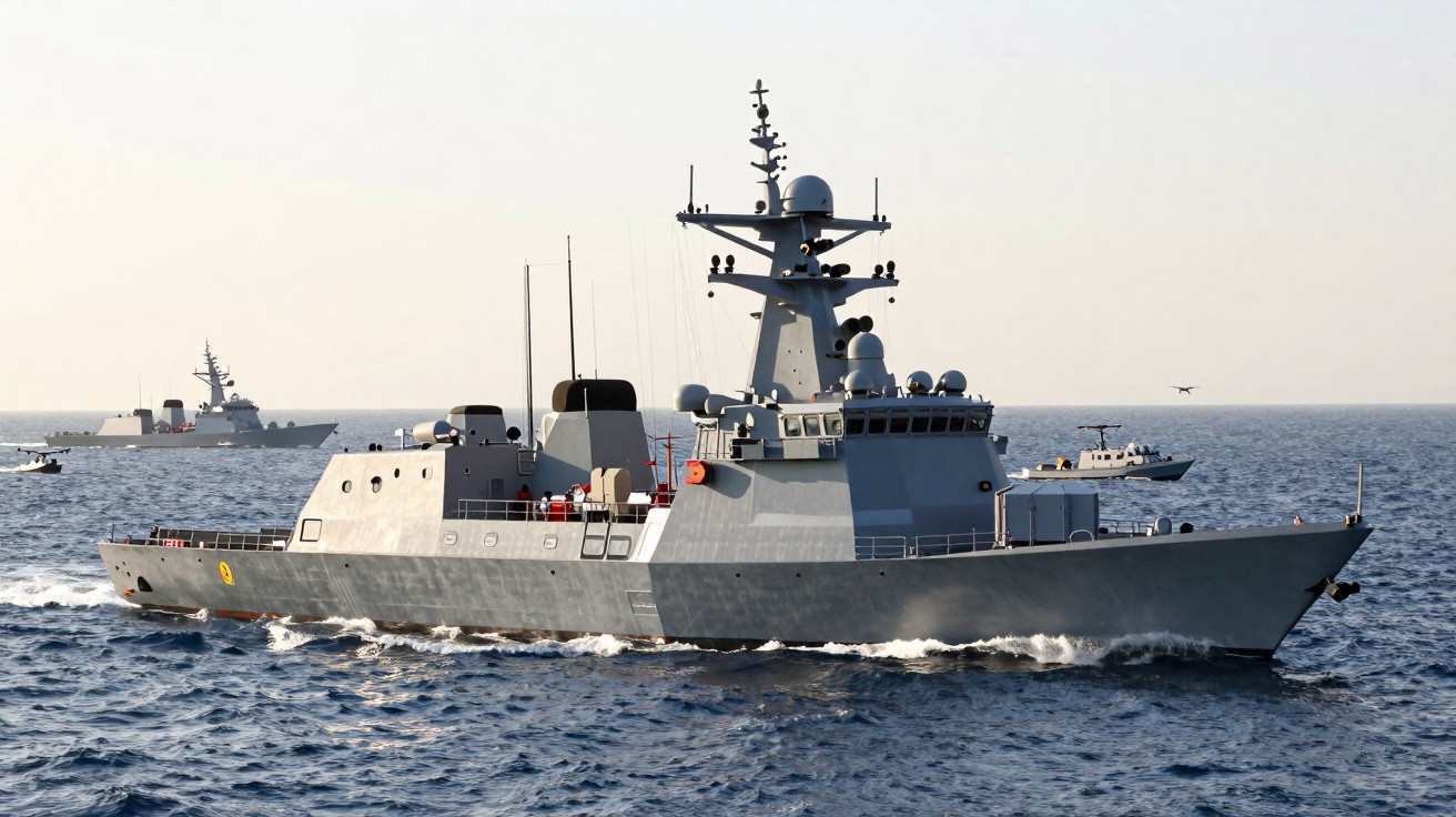 Fragata militar cinzenta navegando em mar calmo com outras embarcações ao fundo em dia claro.