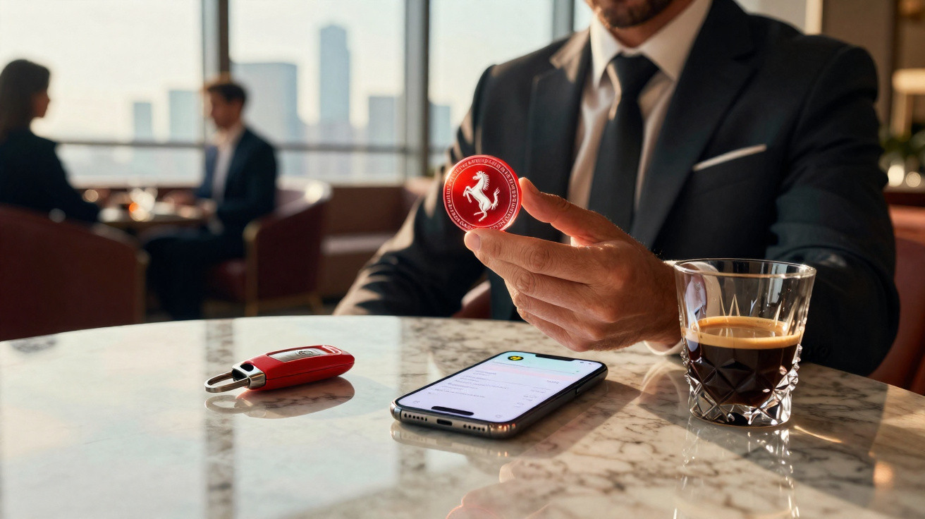 Homem de fato a segurar token digital Ferrari junto a telemóvel, chávena de café e comando numa mesa de mármore.