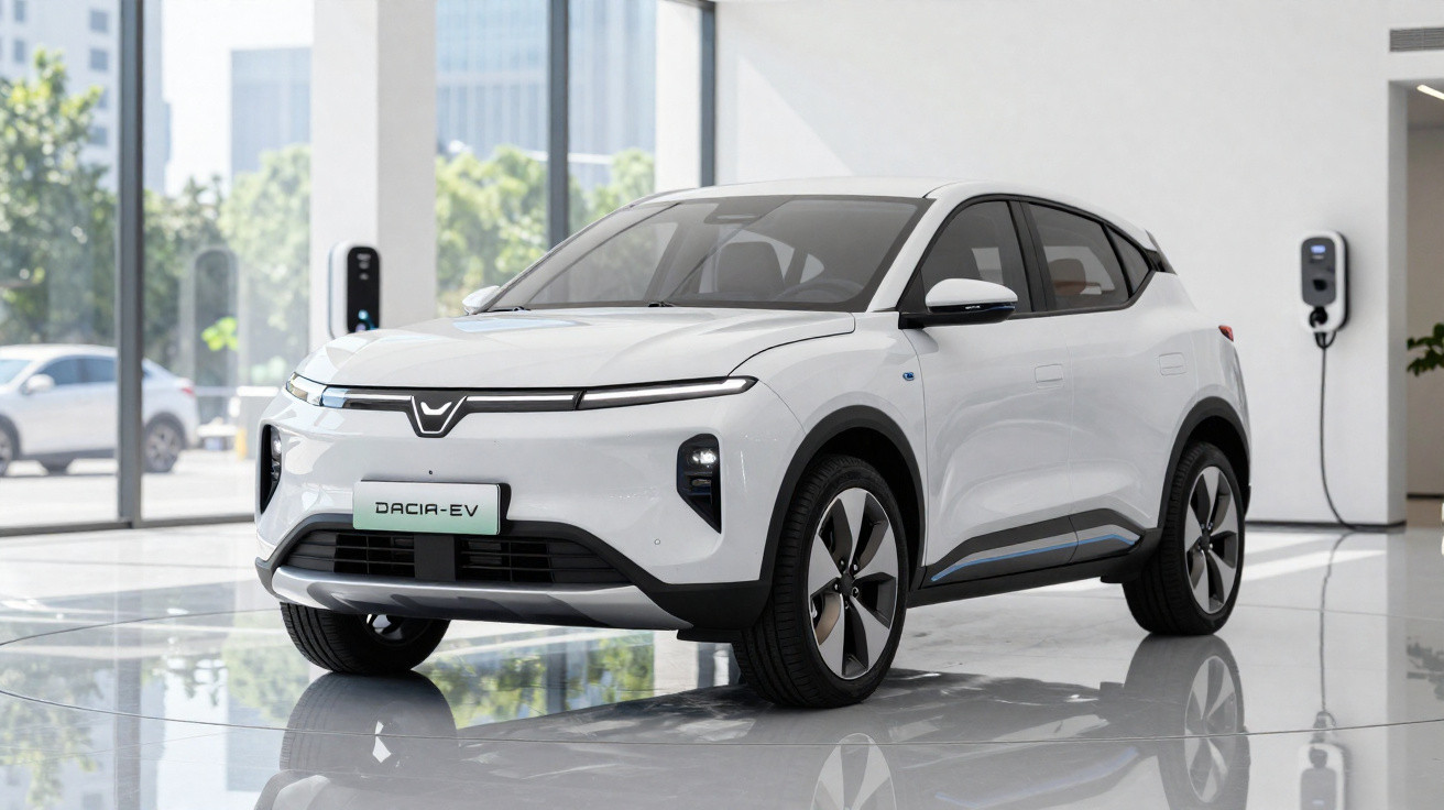 Carro elétrico branco Dacia EV estacionado num showroom moderno com carregadores elétricos na parede.