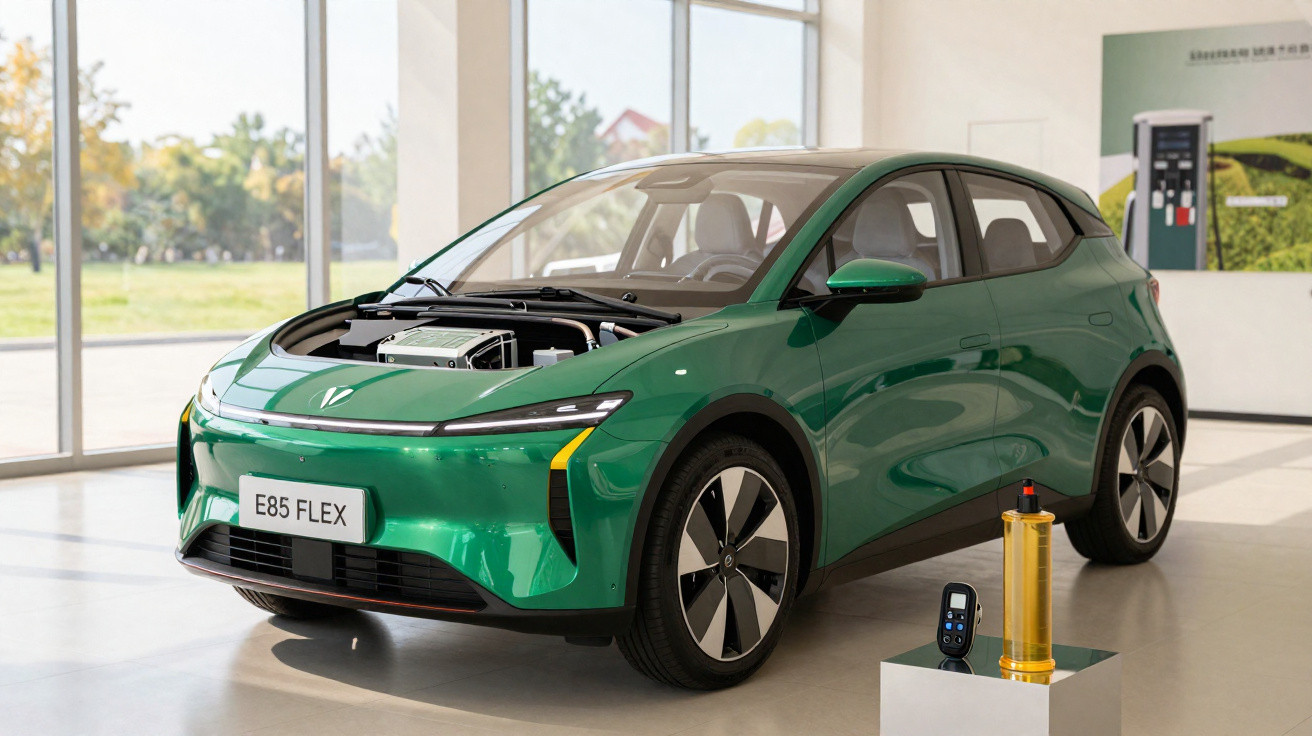 Carro elétrico verde E85 FLEX em exposição, com capô aberto mostrando motor, num espaço moderno e iluminado.