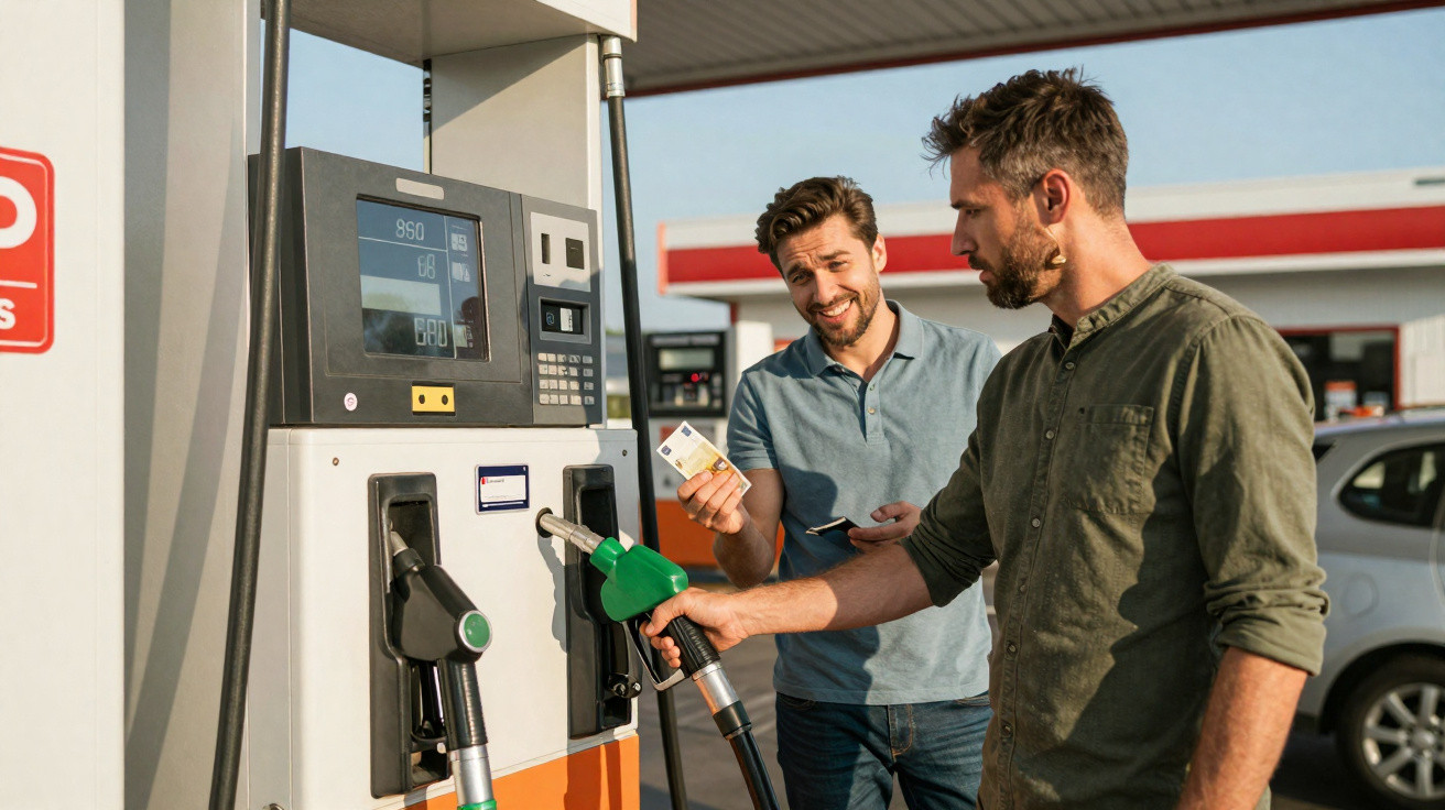 Dois homens junto a bomba de gasolina, um segura o pistão e o outro cartão de pagamento.