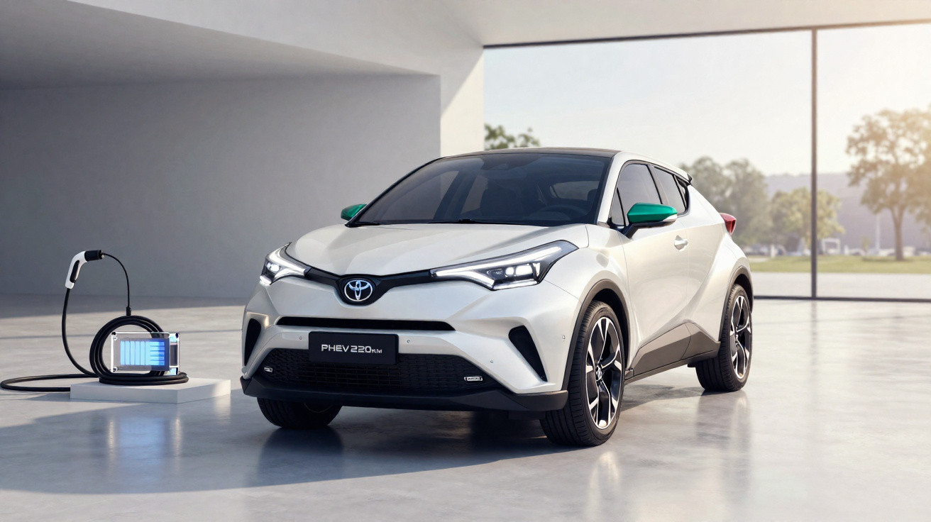 Carro elétrico Toyota branco está estacionado numa garagem moderna com estação de carga ao lado.