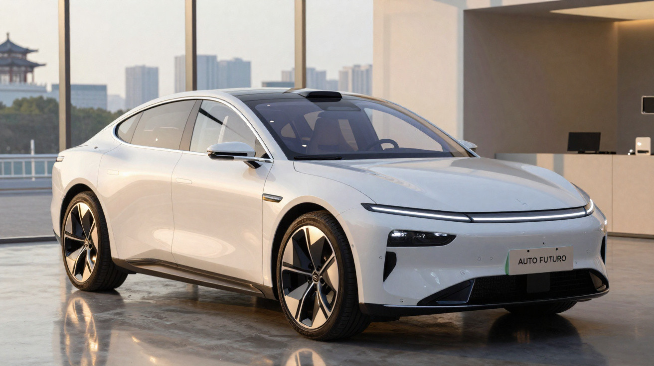 Carro elétrico branco moderno estacionado em piso interior com janelas grandes ao fundo.