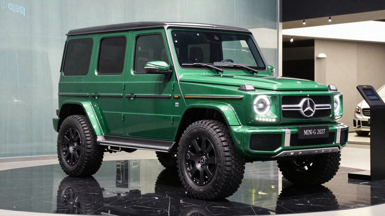 Mercedes-Benz G-Class versão 2027 verde em exposição num salão automóvel.