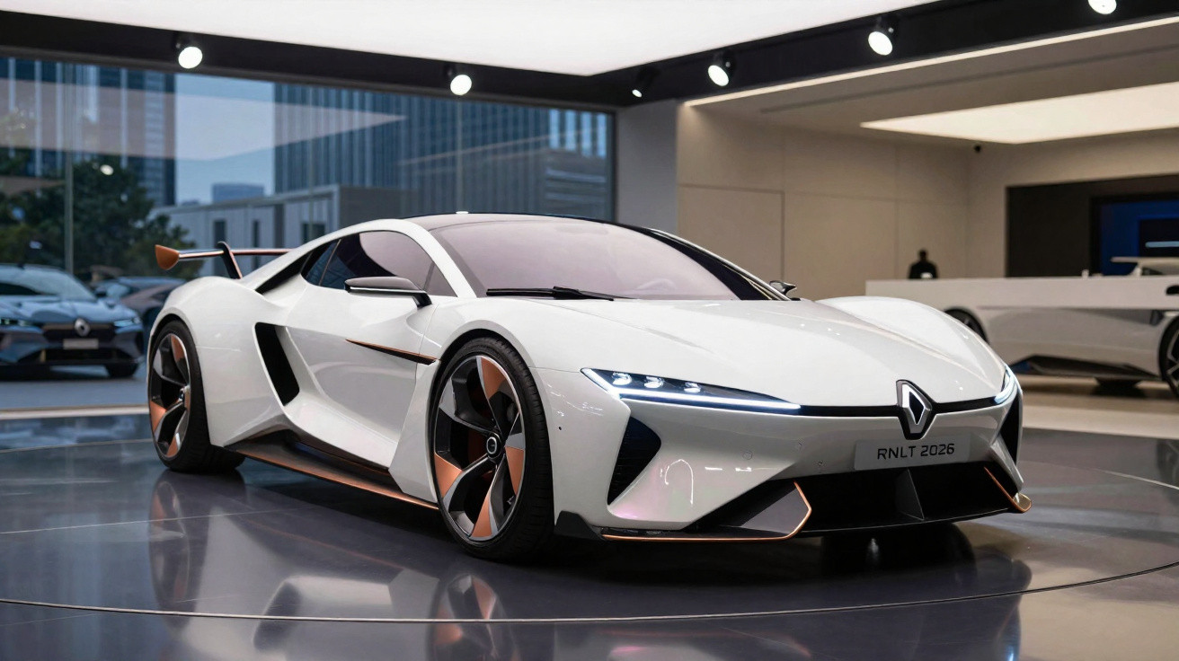 Carro desportivo branco futurista exposto numa sala moderna com jantes negras e detalhes cor de bronze.