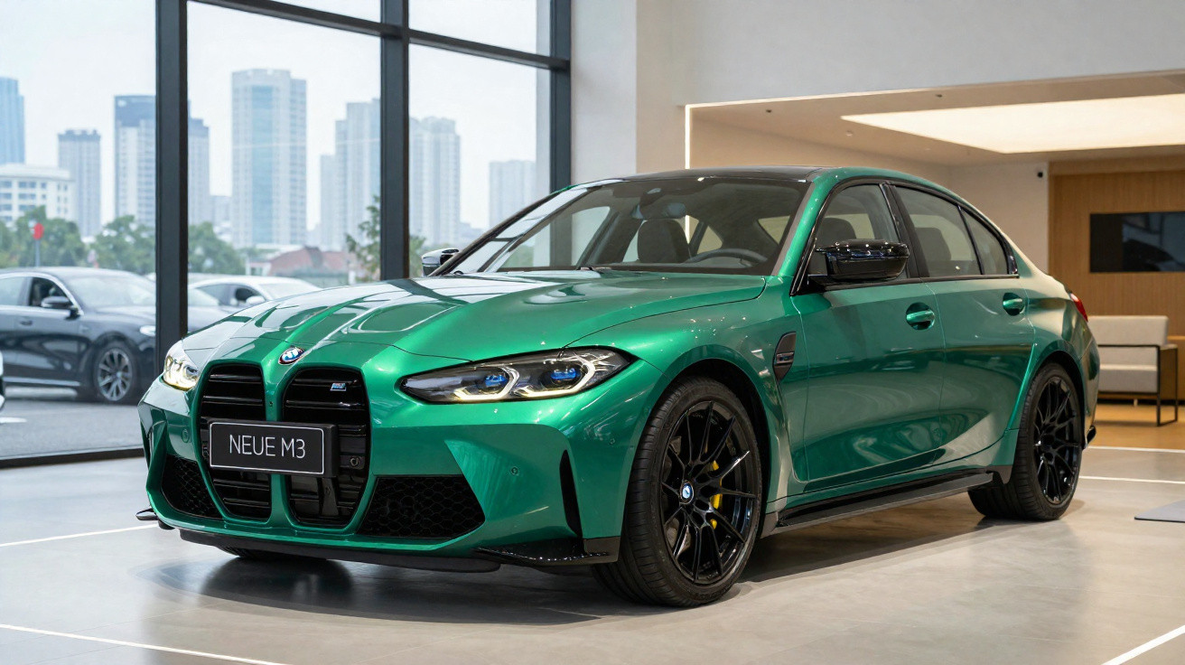 Automóvel BMW M3 verde parado em salão de exposição com janelas grandes e vista para cidade.