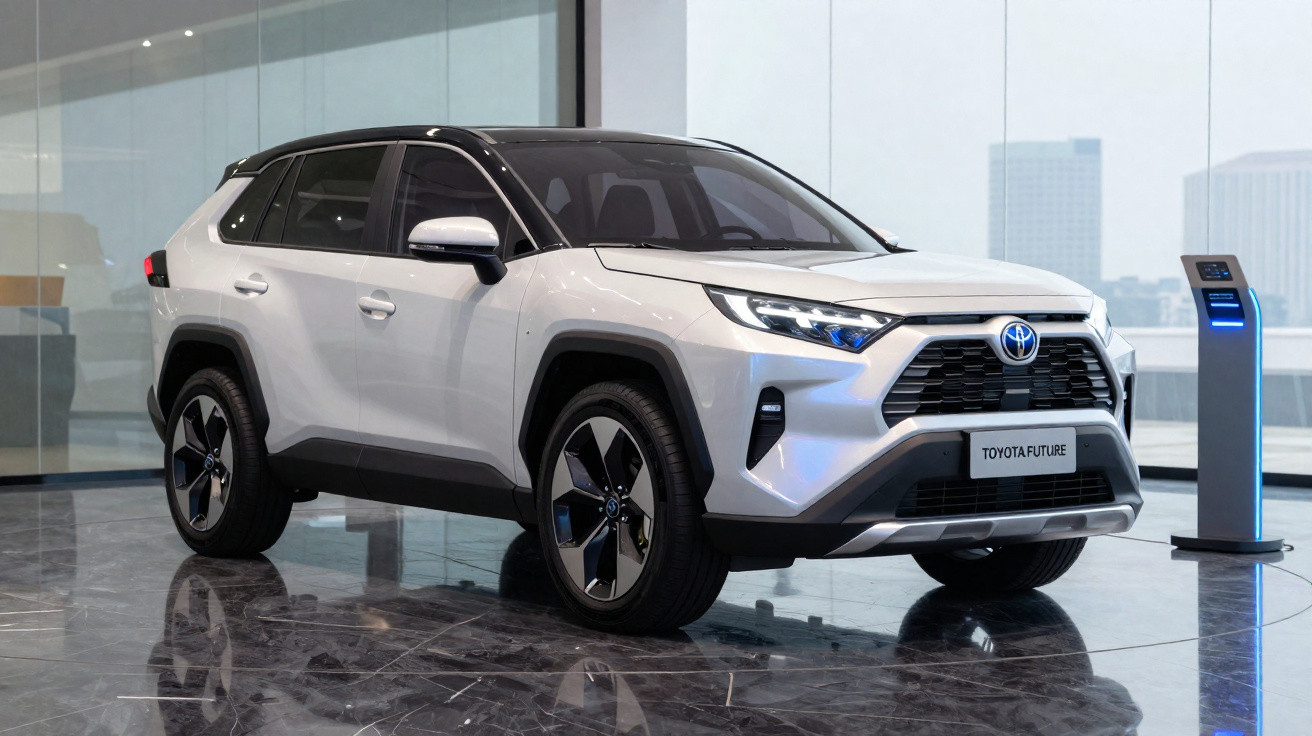 SUV Toyota branco estacionado em espaço interior moderno com carregador elétrico azul ao lado.