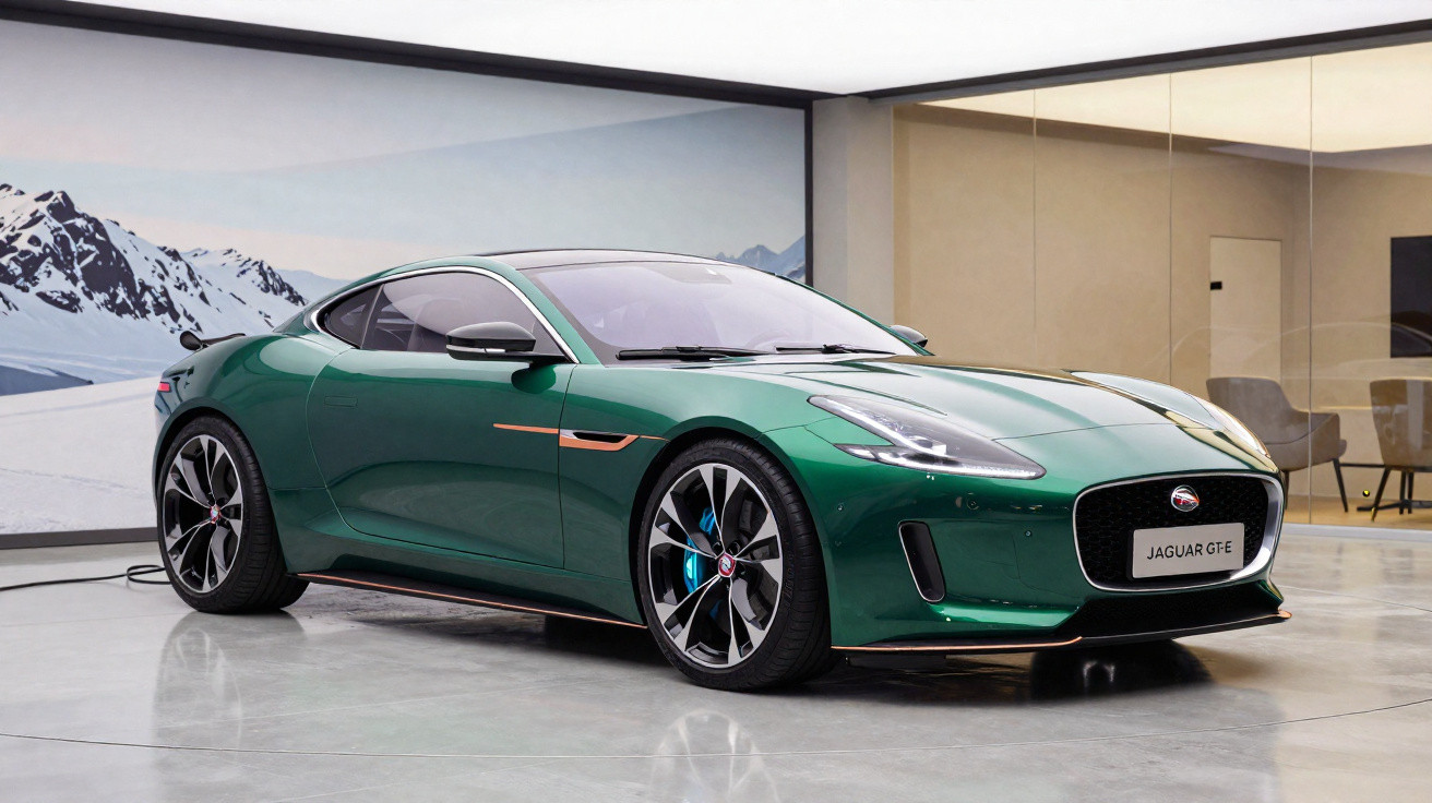 Jaguar GTE verde escuro estacionado num espaço interior moderno com parede de vidro.