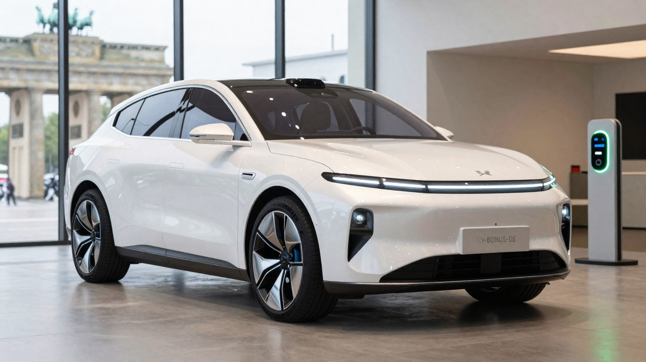 Carro elétrico branco estacionado em espaço moderno junto a posto de carregamento, com porta de vidro e monumento ao fundo.