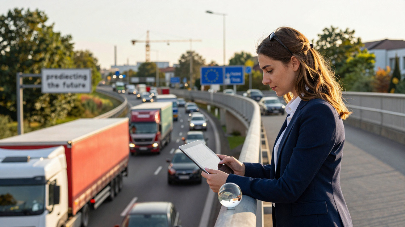 Mulher com tablet e bola de cristal numa ponte sobre estrada movimentada ao pôr do sol.