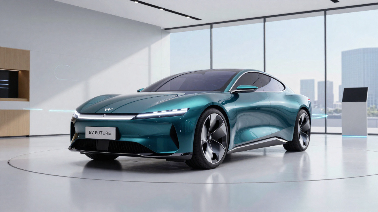Carro elétrico futurista verde metálico com design aerodinâmico numa sala moderna e espaçosa.